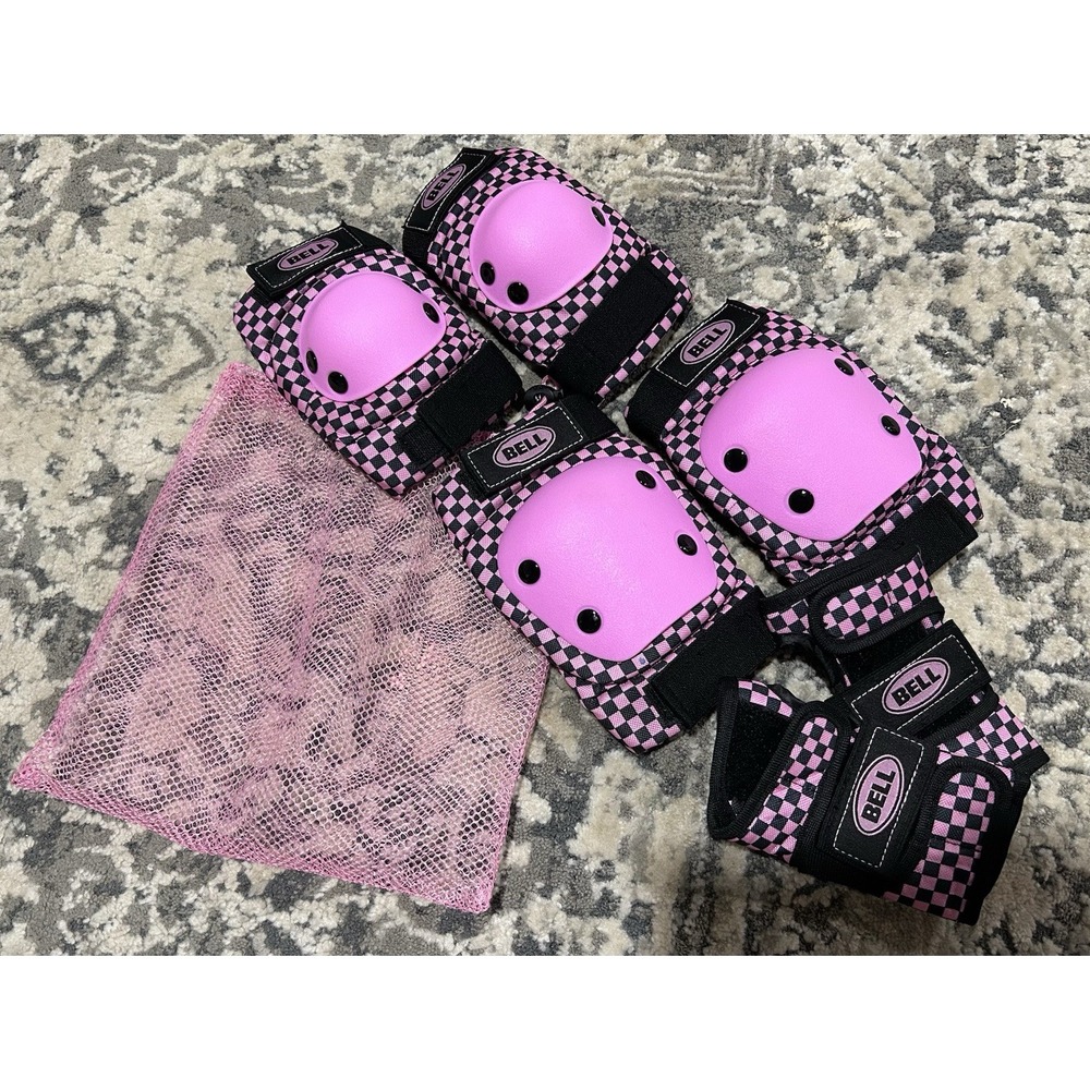 New Pink Checkered Bell Girls Biking Knee And Elbow Pads